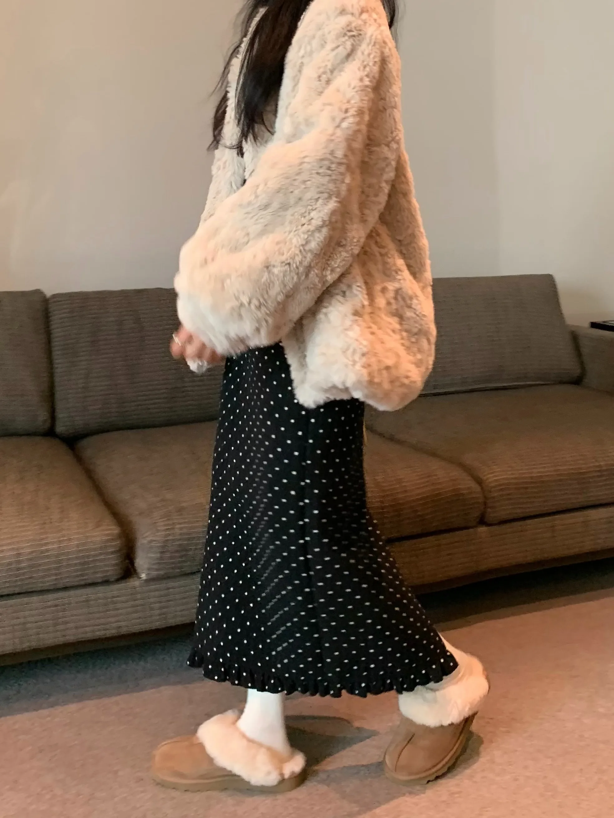 레트로 폴카 도트 니트 스커트 하이 웨이스트 스트레이트 컷 여성용 겨울 신상 슬림 미디 길이 바디콘 스커트