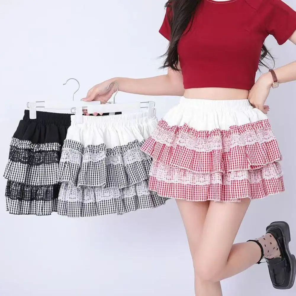

Lolita Lace Grid Cake Skirt High Waist Ruffle JK A-line Short Skirt Multi-layer with Safety Pants Lace Pleated Mini Skirts Girls