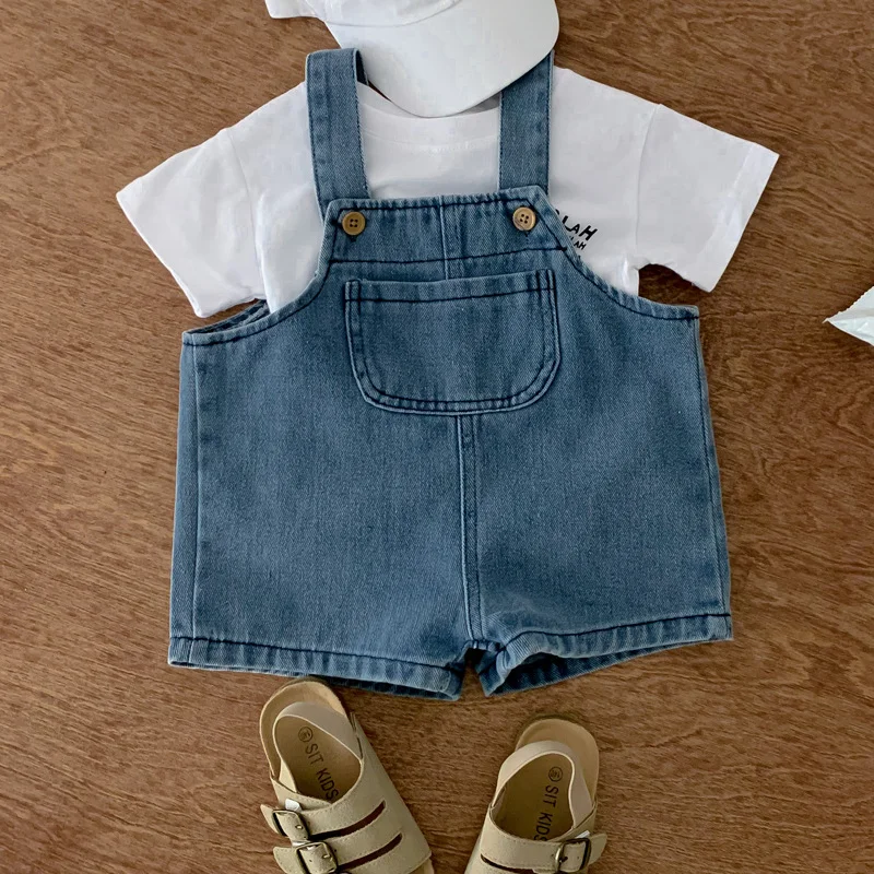 

Summer Cool Denim Blue Children Toddler Denim Overol Jumpsuits boys short-sleeved white T-shirt+Denim Jumpsuit Baby Girl enim Su