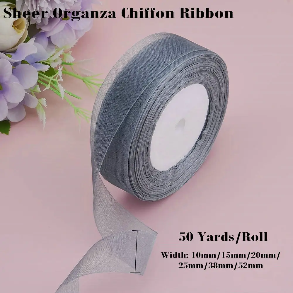 50 Yards Sheer Chiffon Organza Ribbon White Black Lace Fabric DIY Crafts Christmas Halloween Gift Wrapping Wedding Decoration