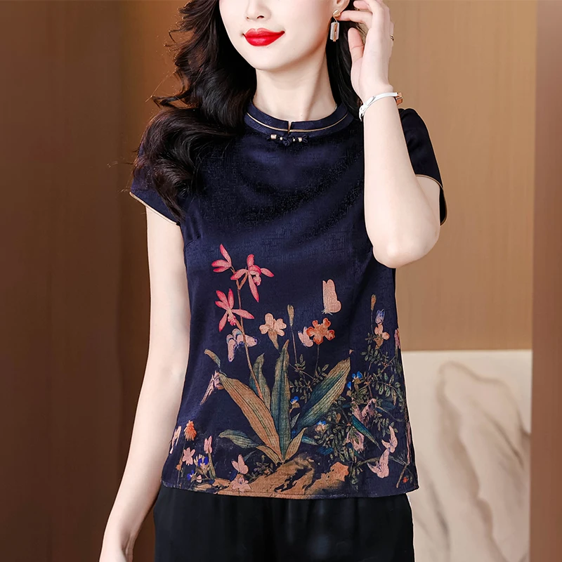 Seda ort sve camiseta feminina verão nova impressão high-end fibra de poliéster seda da mãe pequena irt marca chinesa