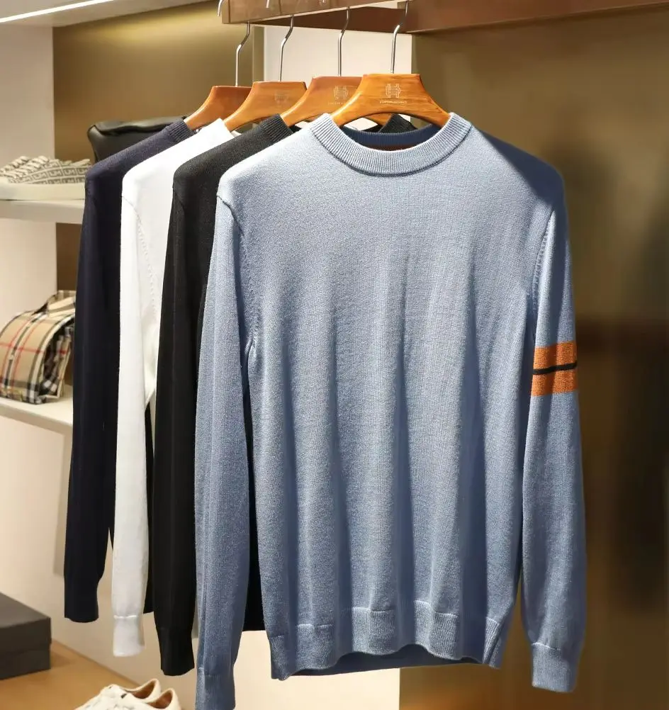 

Итальянский легкий роскошный весенне-осенний новый мужской вязаный свитер из смесовой шерсти с круглым вырезом, свитер с защитой от катышков