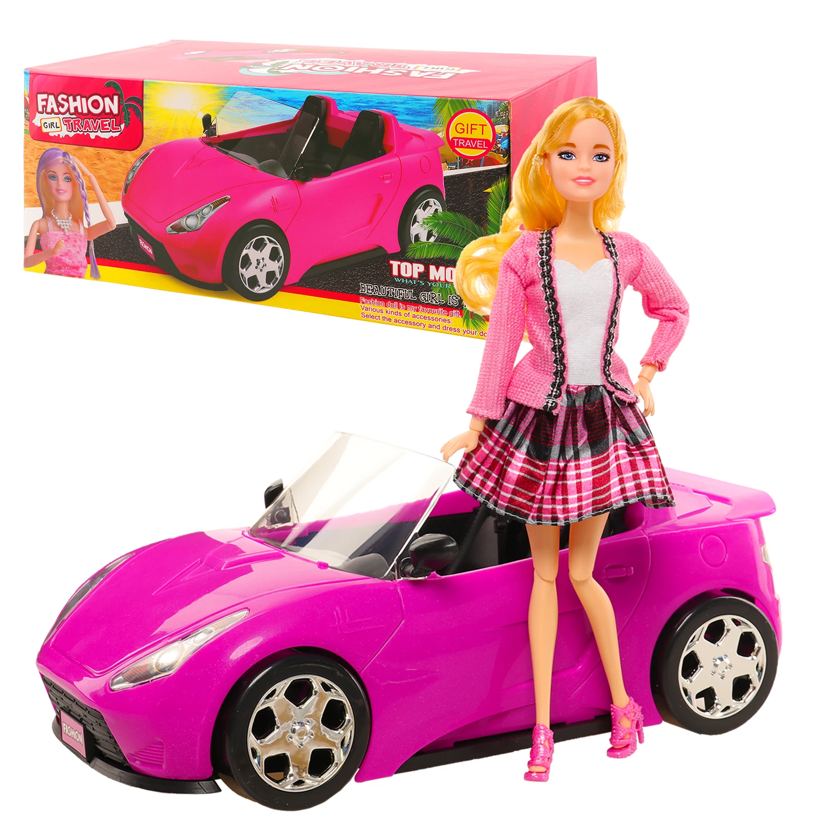 Car For Barbie Doll 43 Piece Set -1 Rose Red Car + Doll Clothes+ Laptop Computer Cellphone 3-Piece Set+  Suitcase Backpack