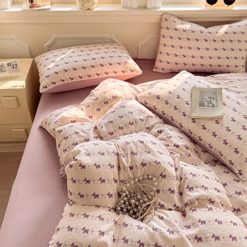 Cute Dog Bedding Set Soft Cartoon Washed Bed Sheet Set Twin Queen Size Duvet Cover Set No Filling With Pillowcases Bedroom Decor