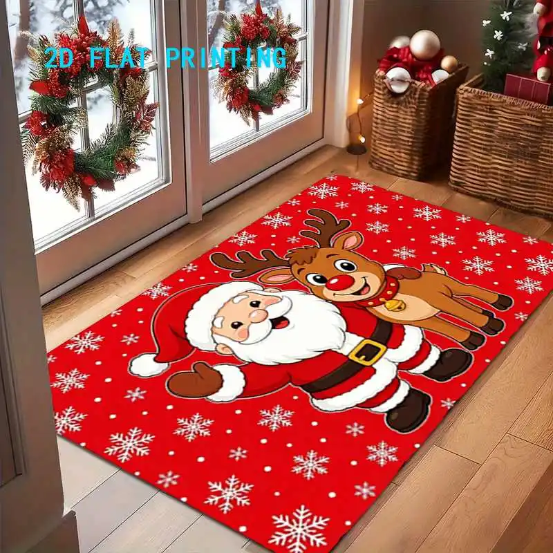 1pc, 2D flat-printed doormat featuring a Santa Claus and a red-nosed reindeer; colorful, non-slip, and machine-washable; suitabl