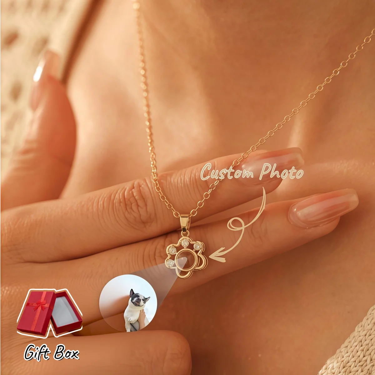 Custom Photo Projection Necklace Personalized Memory Pendant Pet Anniversary Jewelry Keepsake Gift For Girlfriend  With Gift Box