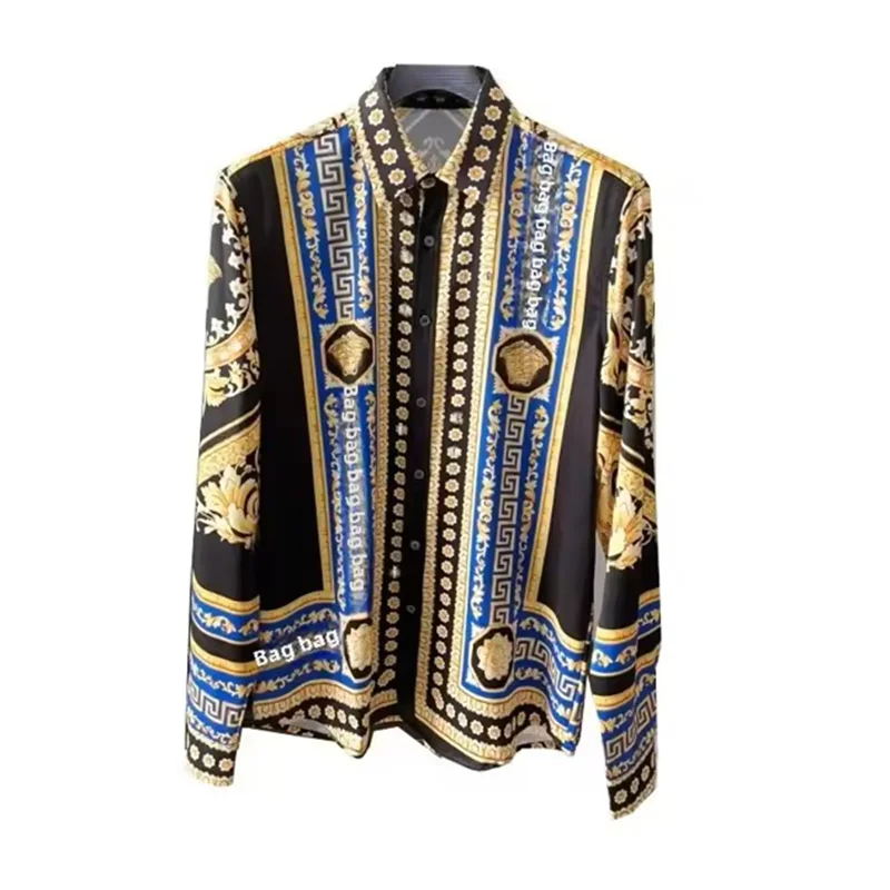 2025 Fashion Pria Mewah Ringan Lengan Panjang Bermotif, Kemeja Lengan Panjang Eksklusif untuk Pria dan Wanita, 100% Serat Poliester, Fashion