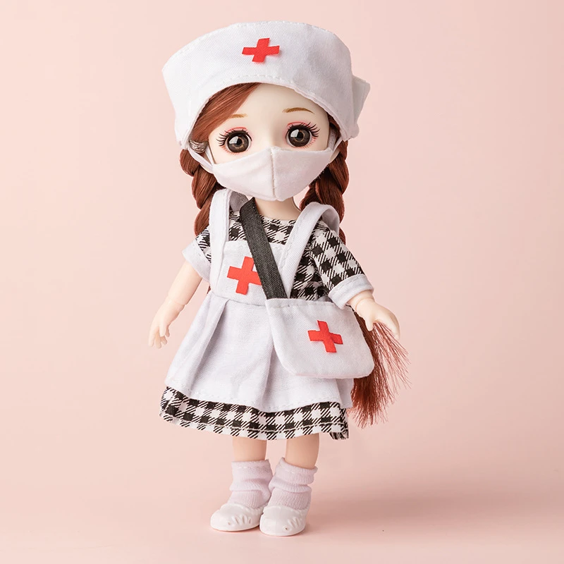 16cm Nurse BJD Doll Cute Girls Toys 13cm Movable Joints Children Dollhouse Pretend Play 1/12 Dress up Plastic Doll for Kids Gift