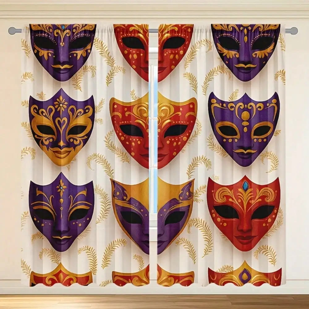 2pcs Venetian-Style Mask Print Curtains - Vibrant Purple & Red With Golden Patterns Semi-Sheer Privacy Window Drapes For Bedroom