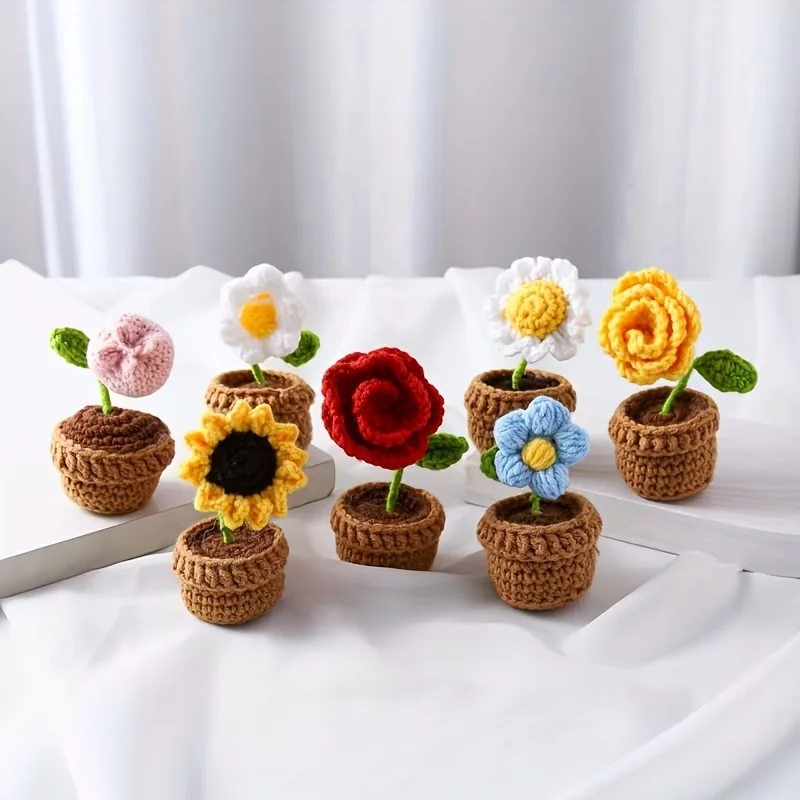 1 Stück Künstliche Blume Handgewebte Kleine Topfpflanze, Gehäkelte Herzförmige Blume Desktop-Deko, Gestrickte Rose