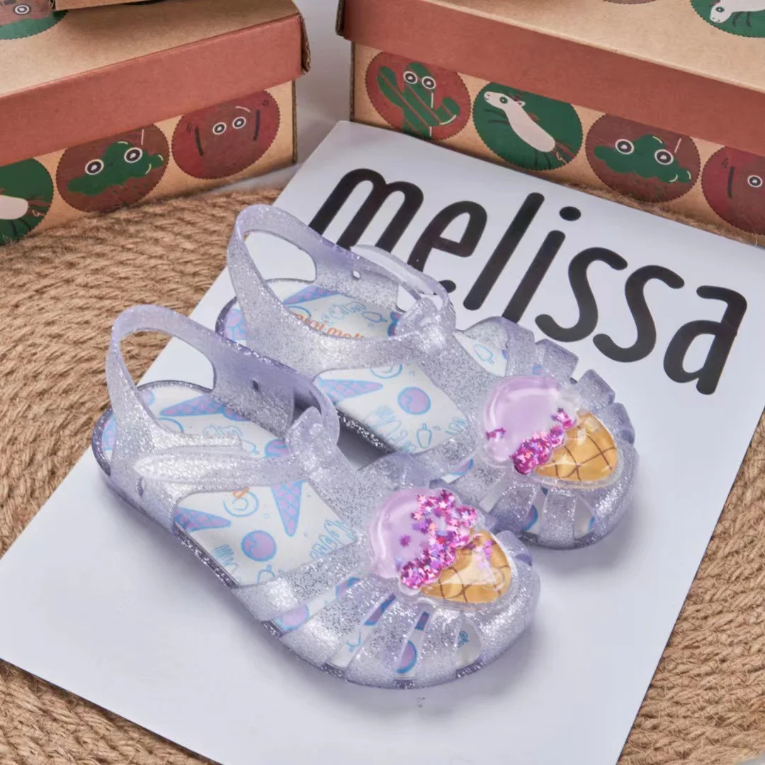 Mini Melissa Children Sandals New Girls Sandals Summer 2023 Soft Peep-toe Antiskid Crystal Princess Children Little Girls Sandal