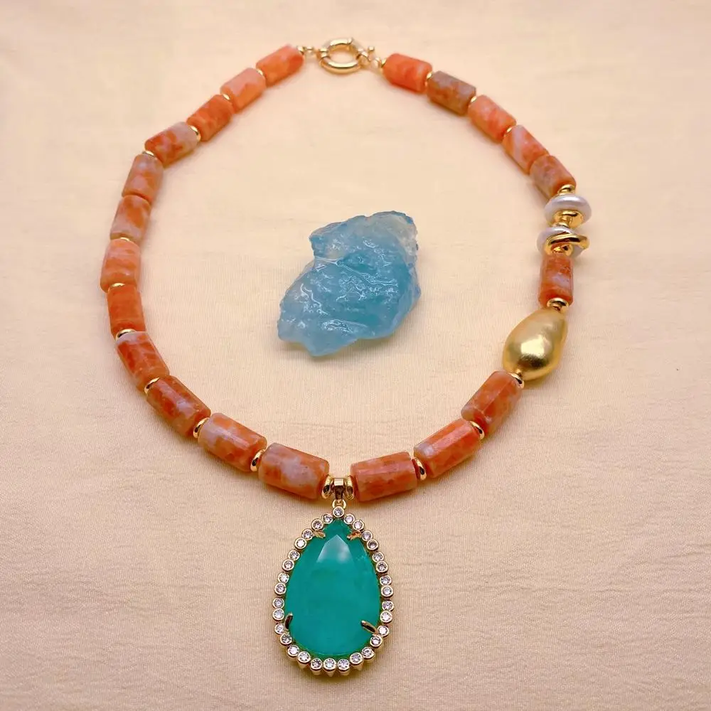 

YYGEM 27x35mm Blue Quartz Teardrop Cz Pendant Natural Orange Calcite Baroque Pearl Necklace