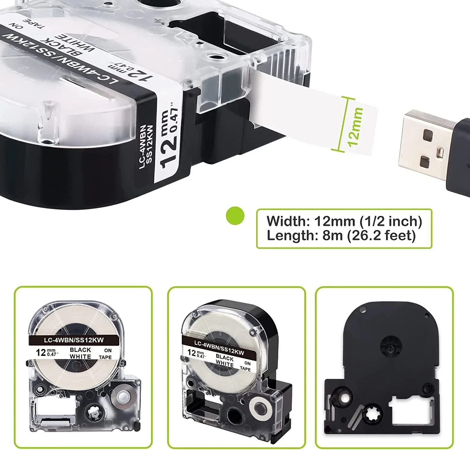 

3/5/10PK Compatible for Epson/ KingJim AS12KW LC-4WBN Black on White 9-24mm Standard Label Tapes for EPSON KINGJIM LW-300 SR230C