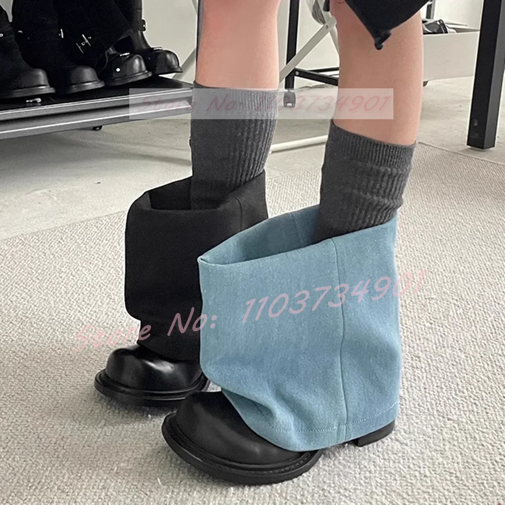 

Сапоги до середины икры с круглым носком, женские модные синие джинсовые ботинки без шнуровки на массивном среднем каблуке, женская вечерние изящная обувь в уличном стиле