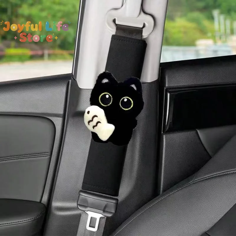 1PC Black Cat & Fish Decor Car Shoulder Pad Cover Fashionable Elegant Design Comfort Enhancer Fits Most Vehicles