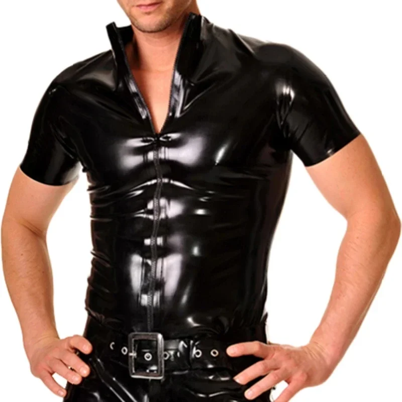 

Black Sexy Latex Shirt Short Sleeves Rubber Top with Front Zip for Men