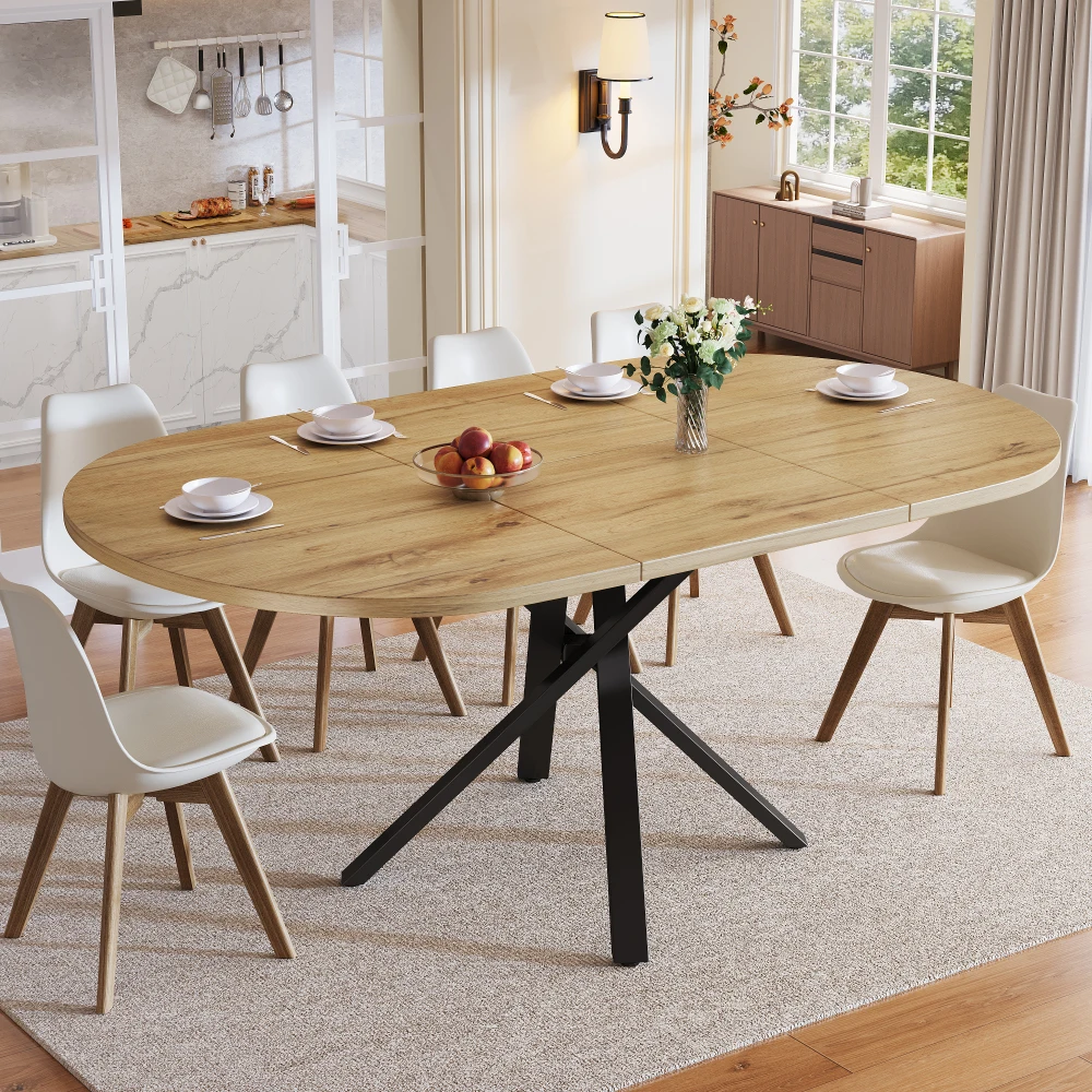 Mesa de Comedor Redonda Extensible con Efecto Mármol, Mesa de Cocina Extraíble de 100-140 cm que Ahorra Espacio, Estructura Metálica Resistente en Forma de X