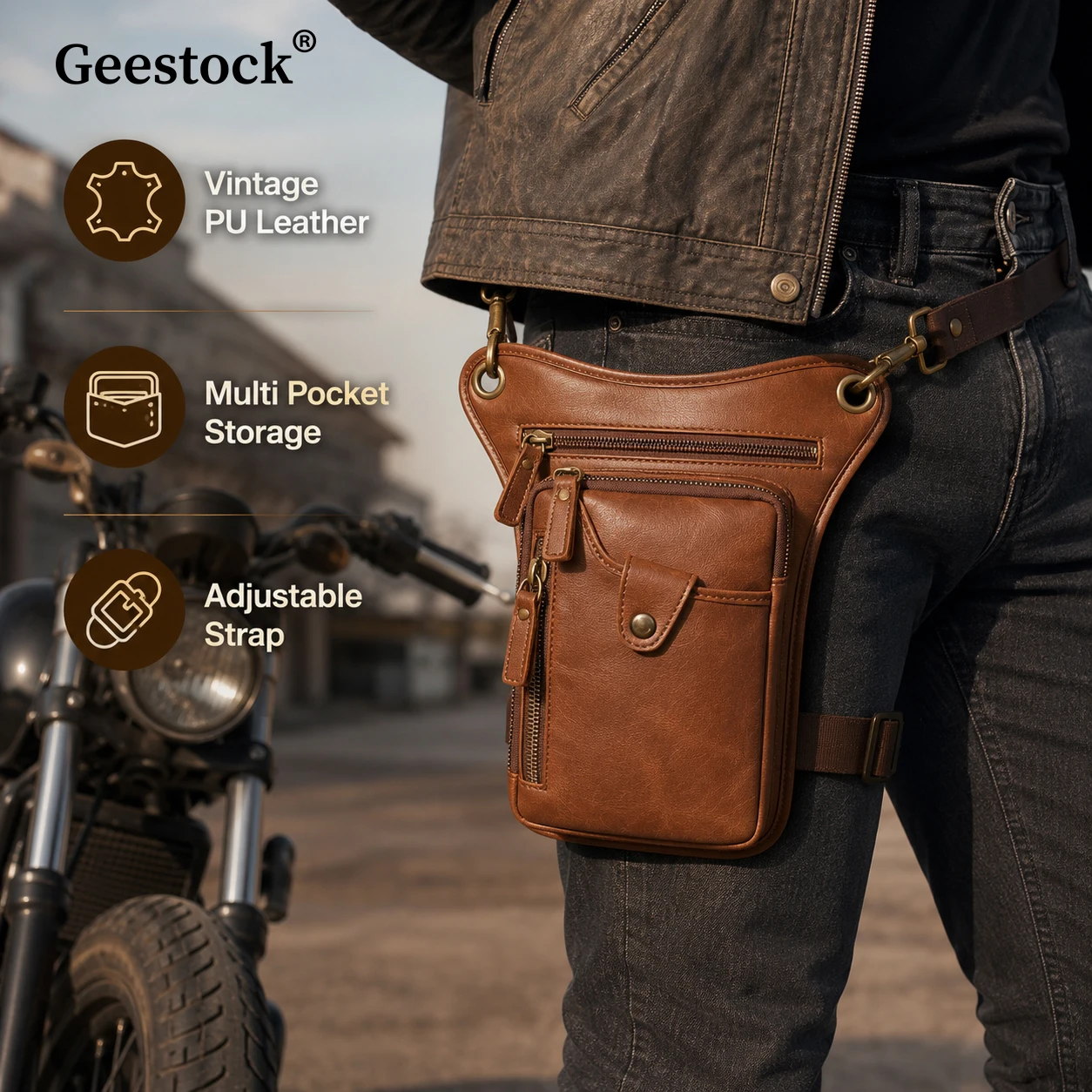 Geestock Mens Motorcycle Riding Waist Bag Vintage Multi Pocket PU Leather Thigh Pack Adjustable Strap Outdoor Cycling Travel
