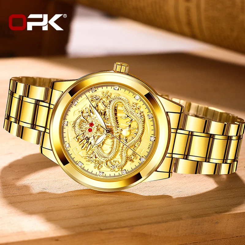 OPK 8111 Mens Watch Gold Original Quartz Watch Stainless Steel Dragon Date Watches For Man Waterproof Luminous Men Watch