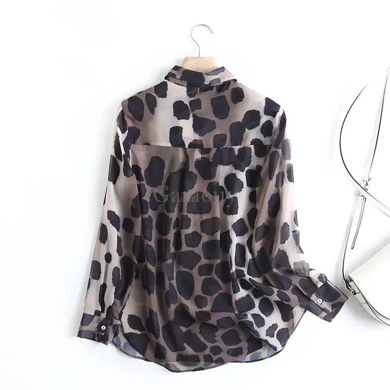 Garaouy 2022 Summer Women Sexy Leopard Mesh Transparent Blouse Fashion Long Sleeve Shirts Female Chic Tops Blusas Mujer De Moda