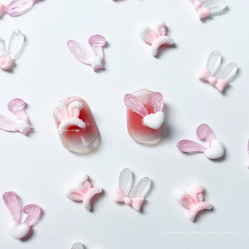 50Pcs Glow In The Dark Kawaii Rabbit Ears Designs Nail Resin Gems Stones Pink Cute Unique Design Charms Jewelry For Nails