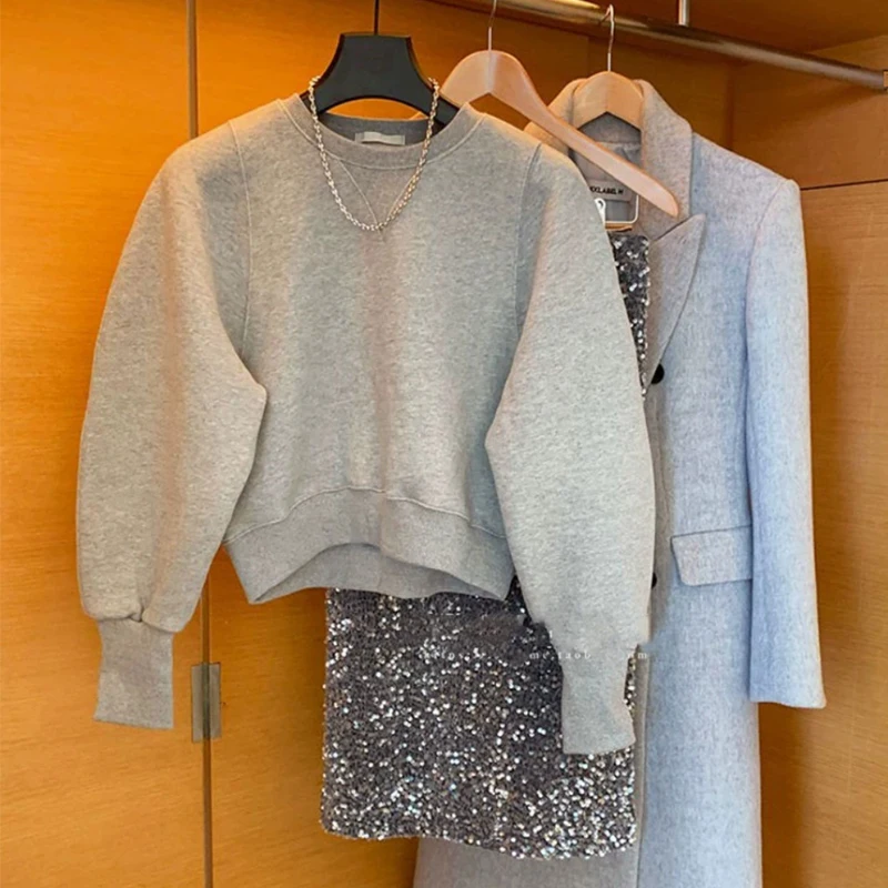 

Dongda Gate 2025 Осень-Зима Новинка: Женская модная толстовка свободного кроя с круглым вырезом, однотонная, с рукавами-фонариками, повседневная