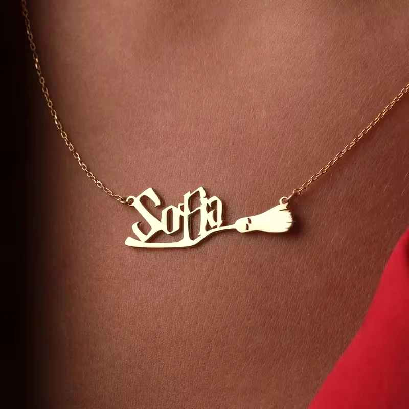 

Custom Flying Broomstick Name Necklaces For Women Men Stainless Steel Customized Pendant Necklace Personalized Neck Jewelry Gift