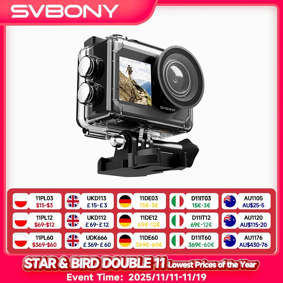 

Svbony SVGo2 Action Camera Selfie Dual Screen True 4K 6-axis EIS IPX8 Waterproof Case Buoyancy Stick for Underwater Vlog Surfing