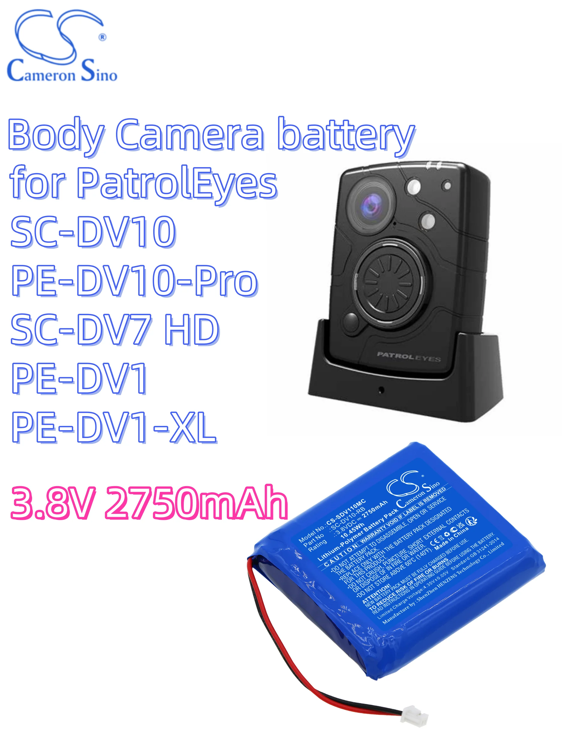 battery Cameron Sino batteries Body Camera 3.8V 2750mAh for PatrolEyes  SC-DV10 PE-DV10-Pro SC-DV7 HD PE-DV1 PE-DV1-XL PRTPPBCM2