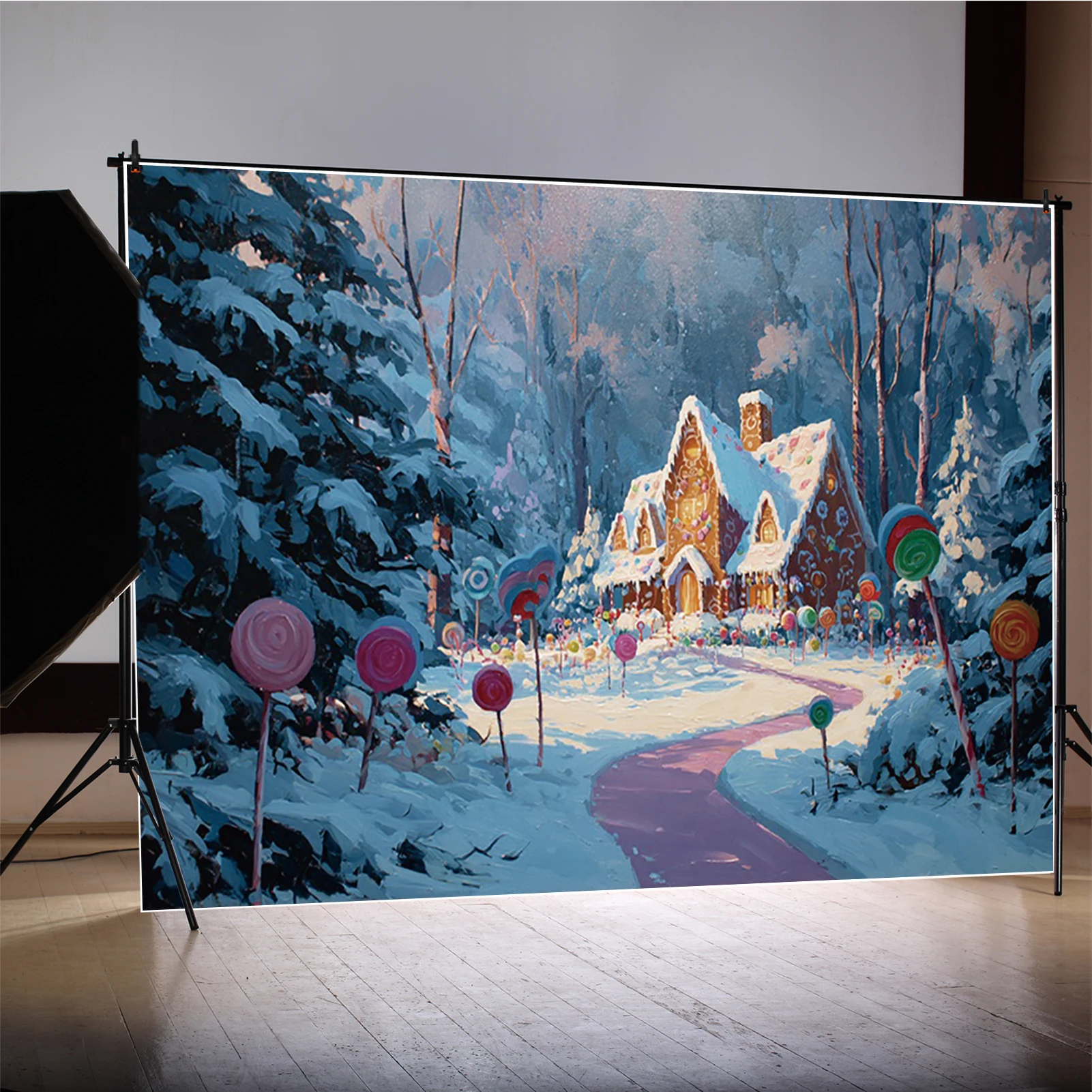 MOON.QG クリスマスの森の背景新生児ジンジャーブレッドハウス鹿氷写真背景フォトコールフォトブース装飾