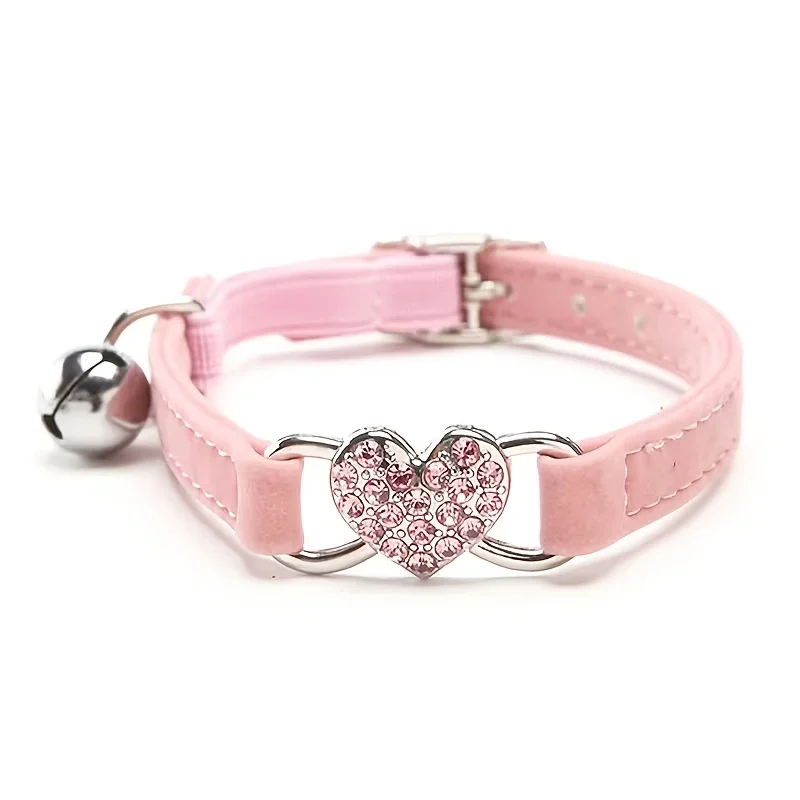 Pet Collar with Rhinestone Heart and Flocked Finish, Cat Collar with Peach Heart Bell, Cat Necklace, Cat Collar