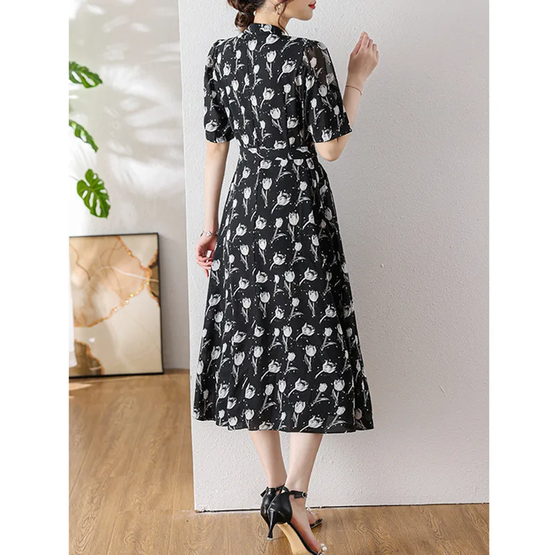 Floral Dress, Summer, Midi Length Dress, Women Waist Simming Short Sleeve Aline Dress 4XL