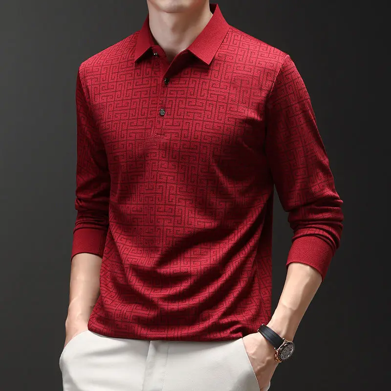

Business Casual Men Spring and Autumn New Style Spliced polo Collar Button Print Fashion Slim Fit Versatile Long Sleeved Top