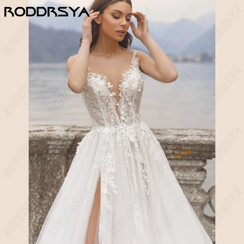 RODDRSYA Spaghetti Straps Wedding Dress For Women Tulle Sexy High Split Scoop-Neck Bridal Gown Illusion Backles Vestido De Noiva