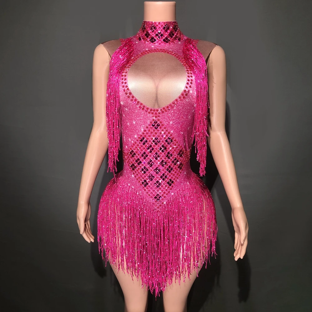 Sexy Jazz Dance Bodysuit for Women Sparkly Rhinestones Fringes Leotard Nightclub Performance Costume Singer Dancer Stage Wear