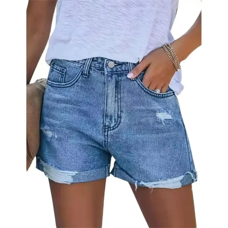 

2024 Fashion Folded Leg Denim Shorts Women Mid Waist Broken Holes Three Quarter Pants Summer Commuter Casual Mini Straight Jeans