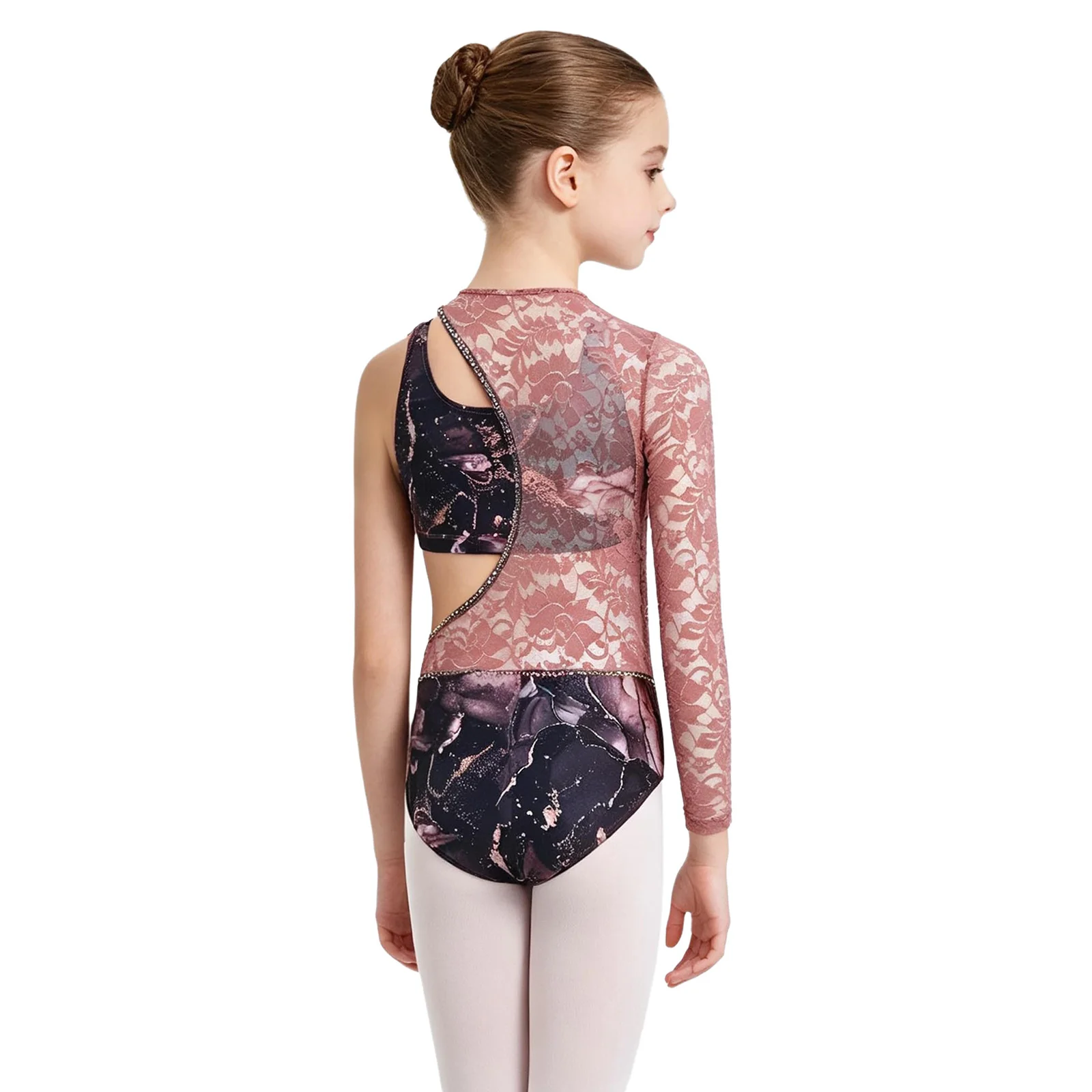 Maillot de Ballet para Niñas con Encaje Floral y Pedrería, Body Estampado con Top de Tirantes para Patinaje Artístico y Gimnasia