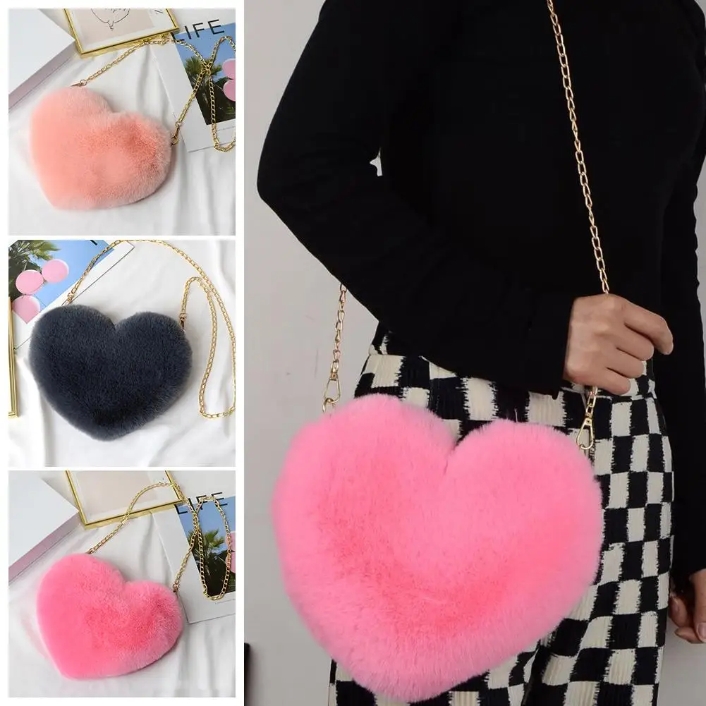 Furry Women's Heart Shaped Handbags Cute Faux Fur Crossbody Shoulder Bags Totes Lady Bag Soft Purses Shopper Chain Plush B4Q0