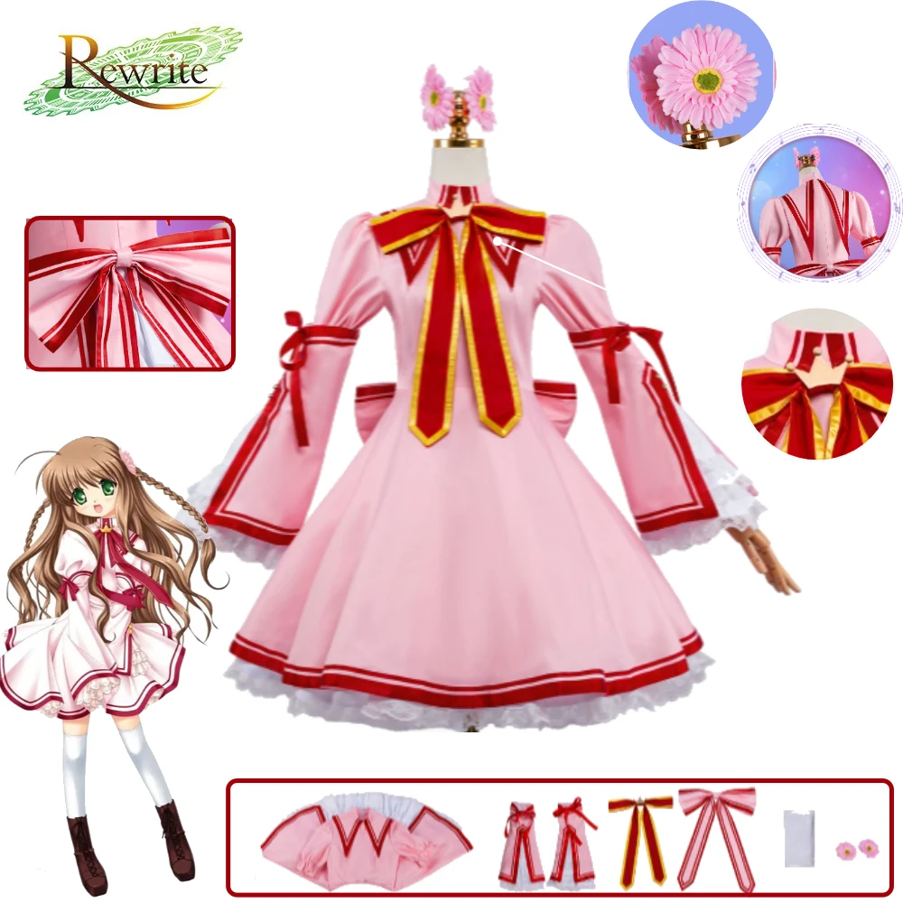 

Rewrite Cosplay Kanbe Kotori Costume Pink Cute Lolita Dress Arm Sleeves Bow Hair Accessories Set for Comic Con Halloween Party