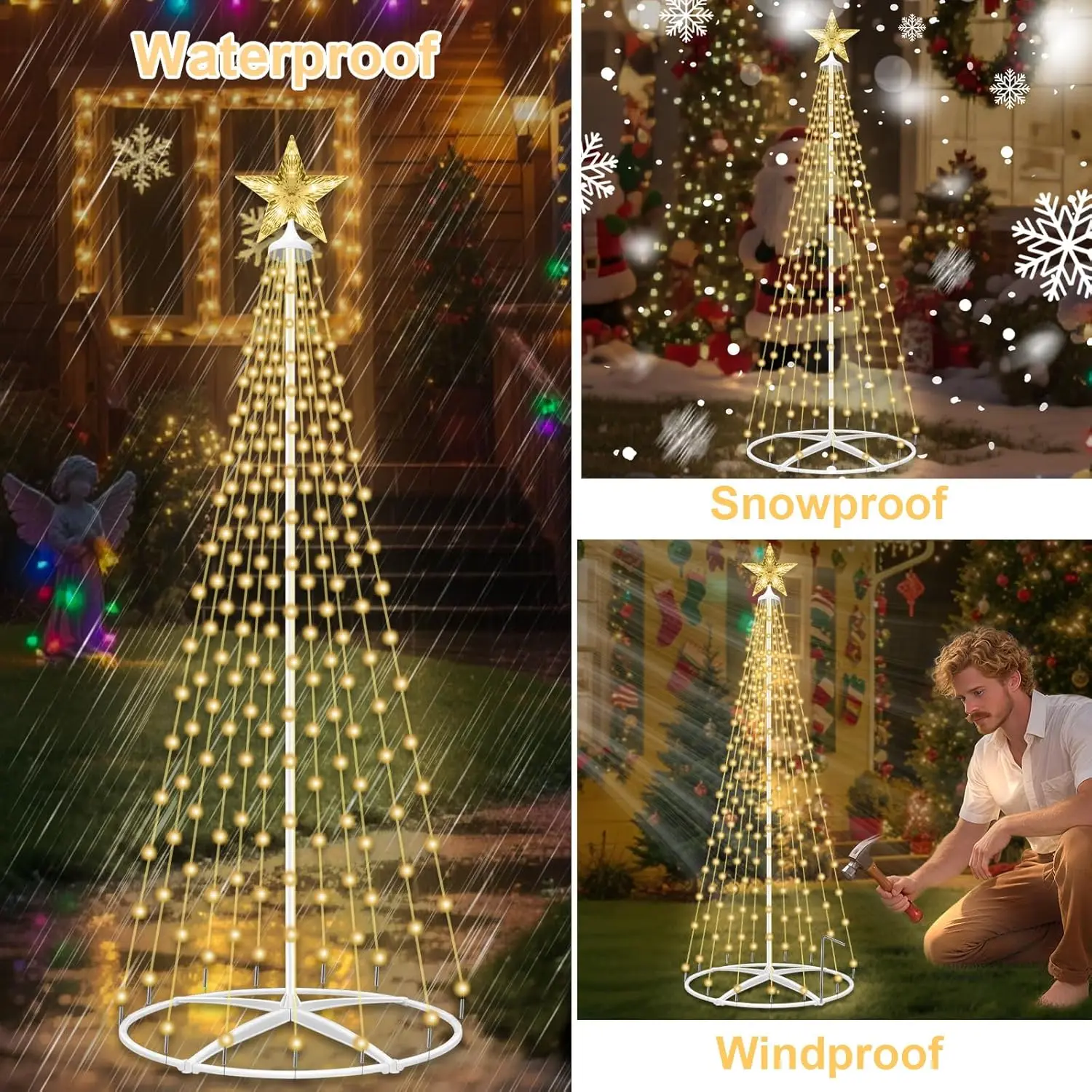 Luci solari per albero di Natale a LED da 5 piedi con telecomando, 8 modalità, ricarica USB, timer e impermeabile per decorazioni esterne