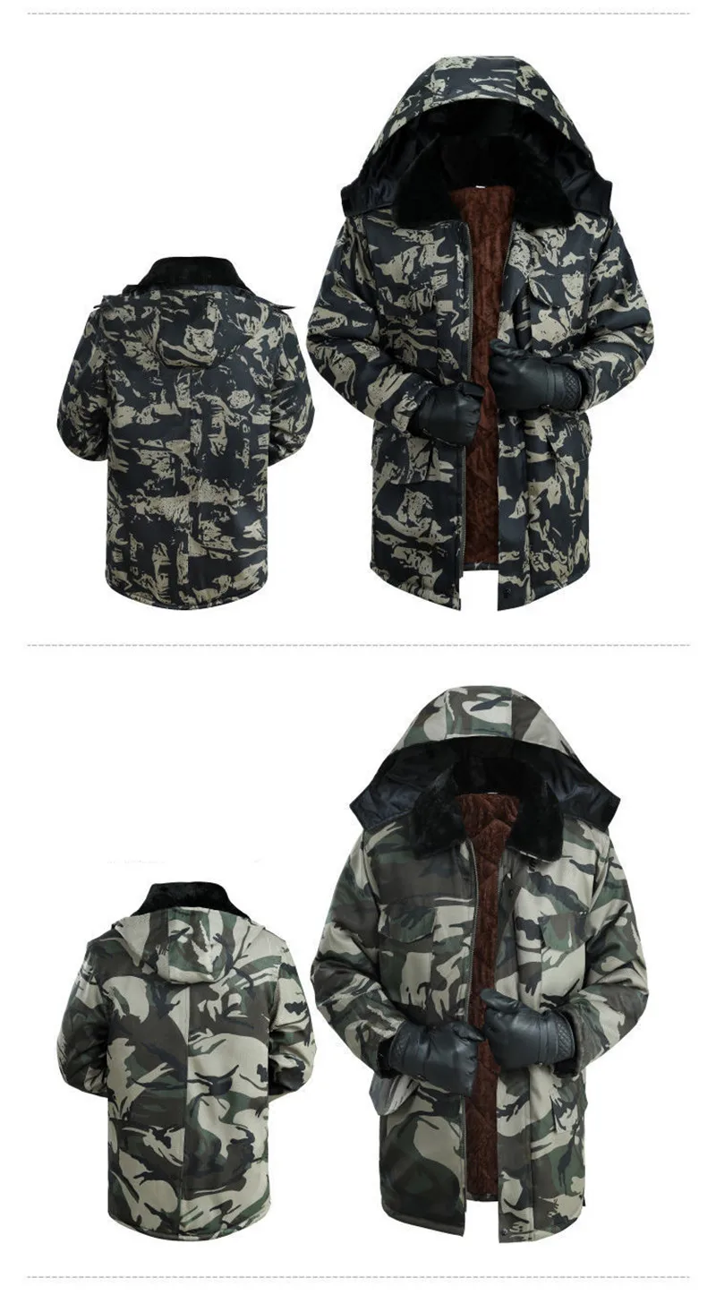 Chaqueta acolchada de algodón de camuflaje de terciopelo grueso a prueba de frío, longitud media, cálida y resistente al desgaste, trabajo al aire libre, Invierno