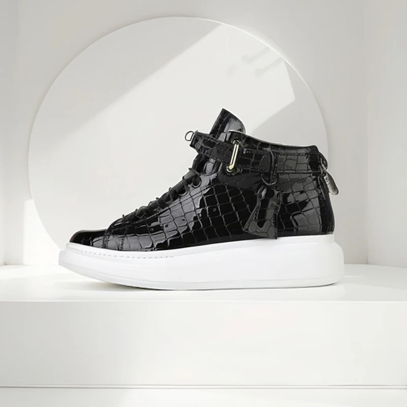 

Black Leather Sneakers Women Cow Leather Lace-up Stone Pattern Business Croc-Sneakers Men Casual Shoes Lock Flat Boots Unisex