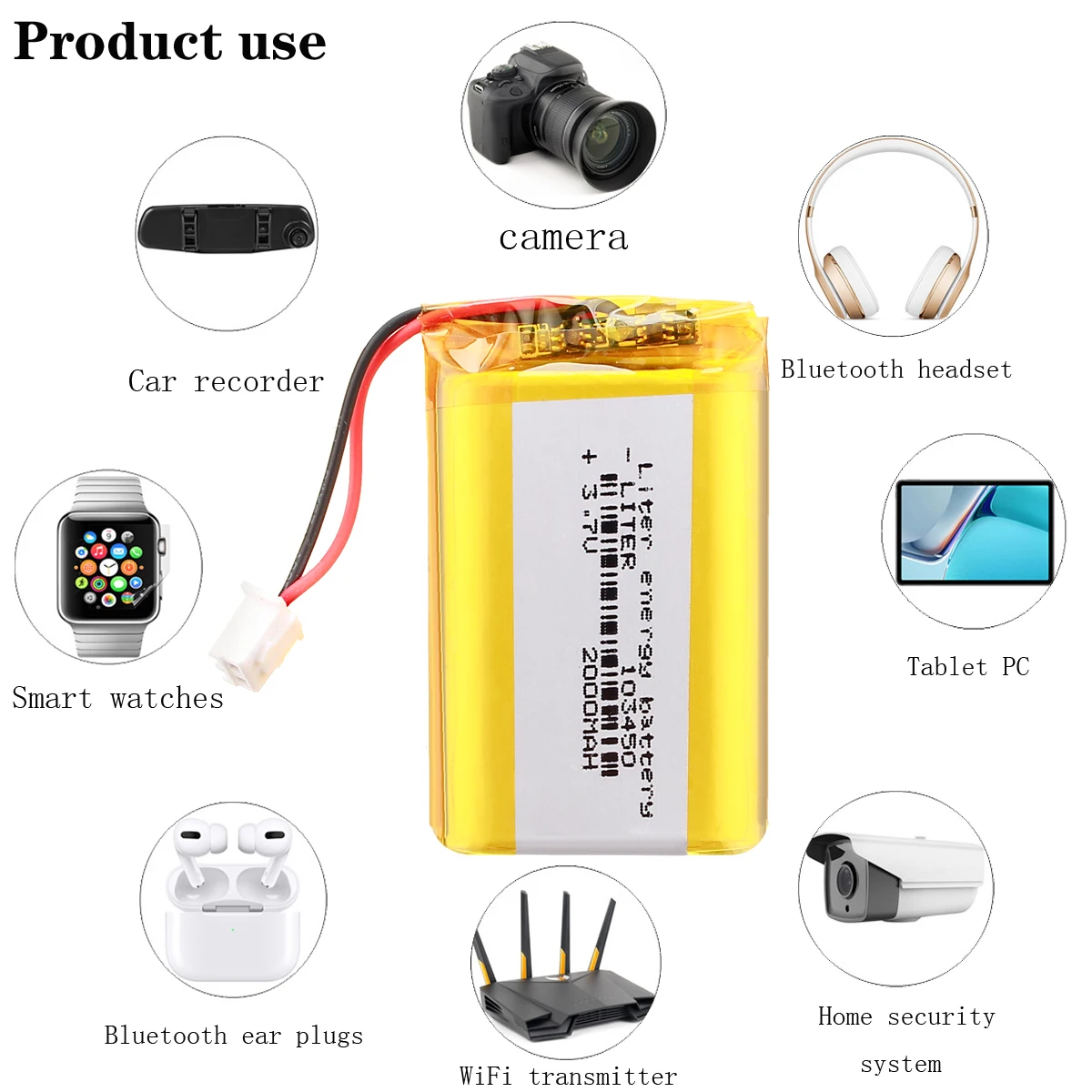 103450 3.7V 2000mAh Polymer Lithium Rechargeable Battery jst PH 2.5mm 2pin plug for Camera GPS navigator MP5 Bluetooth Headset