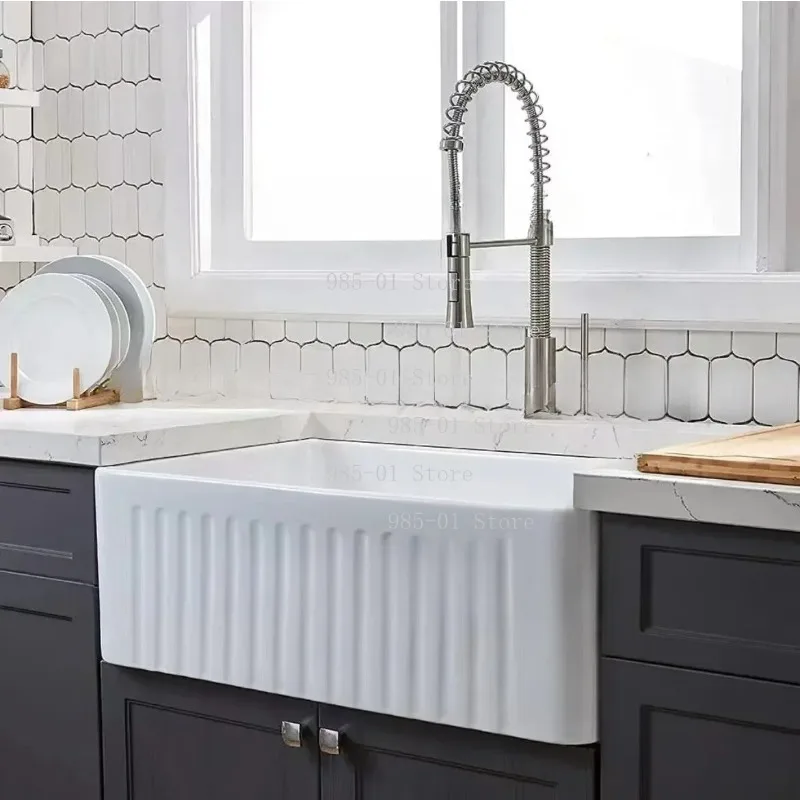 Apron Front Semi-embedded Ceramic Sink, Large Ultra-deep Rectangular Kitchen Balcony Basin