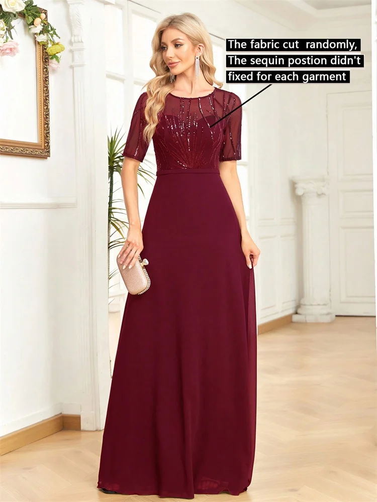 エレガントな半袖スパンコールフォーマルイブニングドレス女性シフォンマーメイドブライドメイドパーティーマキシウエディングカクテルドレス