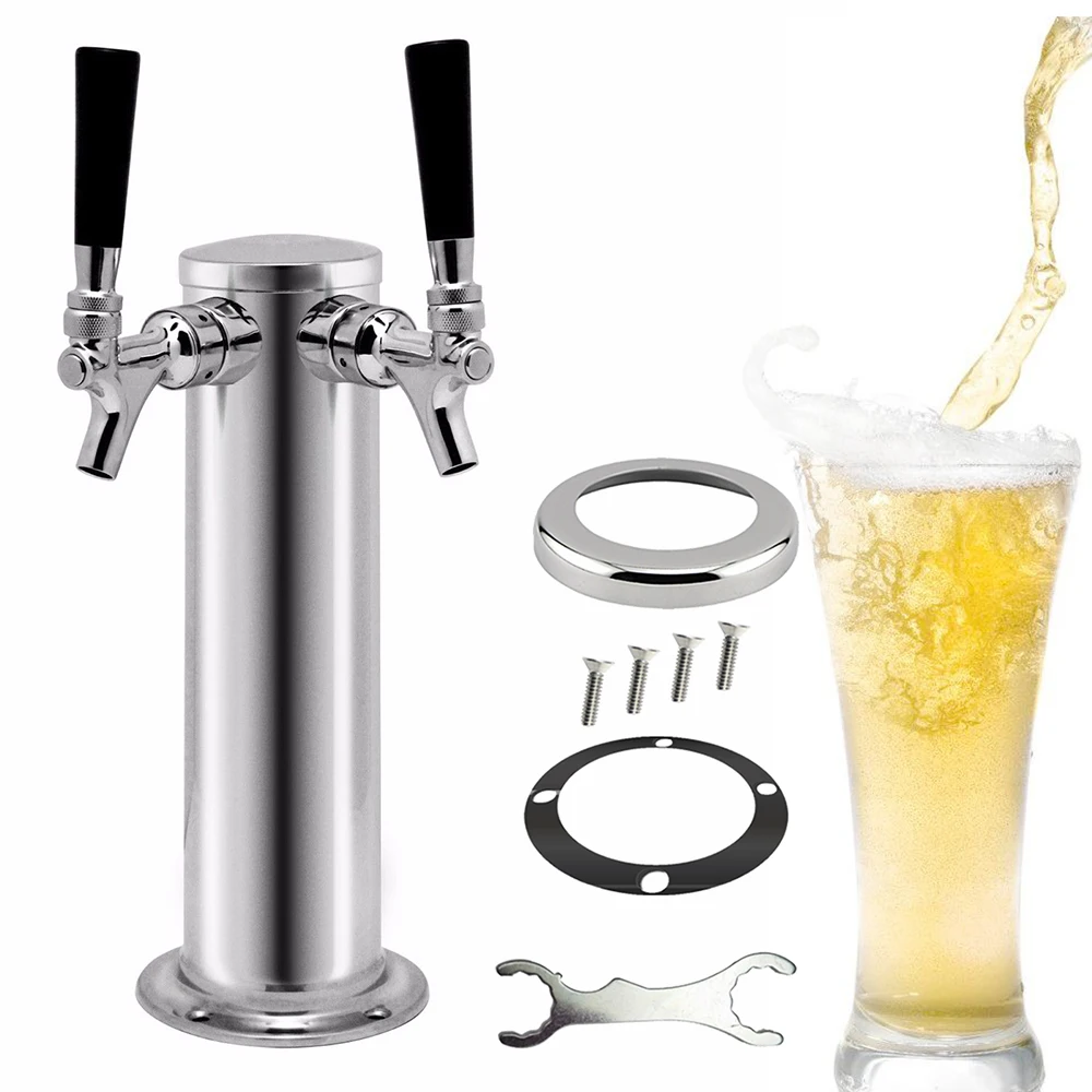 Double Tap Draft Beer Tower Stainless Steel Bar Pub Kegerator Dual Chrome Faucet