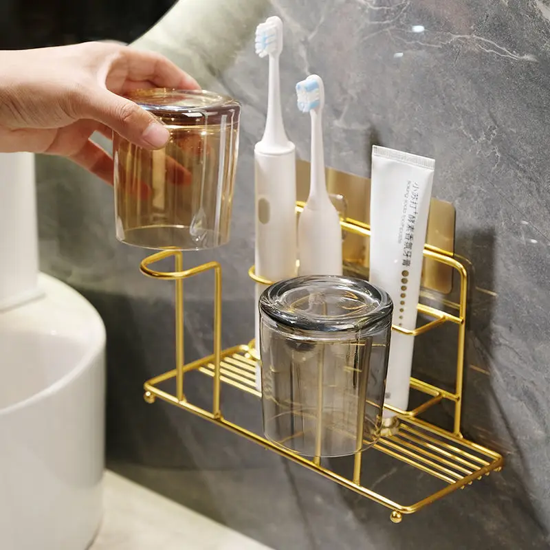 Luxury Gold Bathroom Storage Rack Iron Art Wall Mounted Toothbrush Holder Washroom Mouthwash Cup Organizer Bathroom Accessories