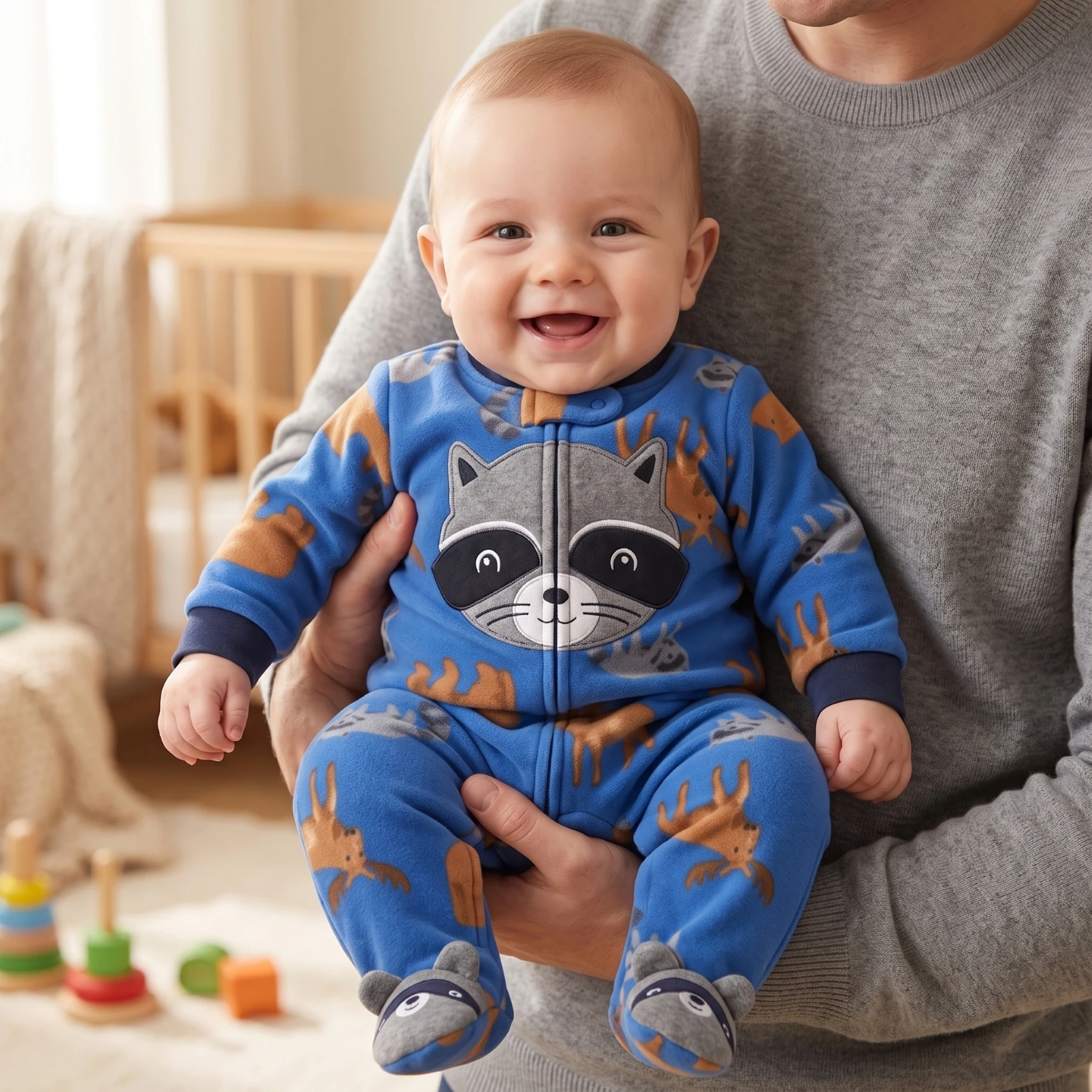 Blue Cute Raccoon Foot Embroidered Baby Footed Romper Warm Fleece Zipper Newborn Wild Animal All-Over Print Autumn Winter Outfit