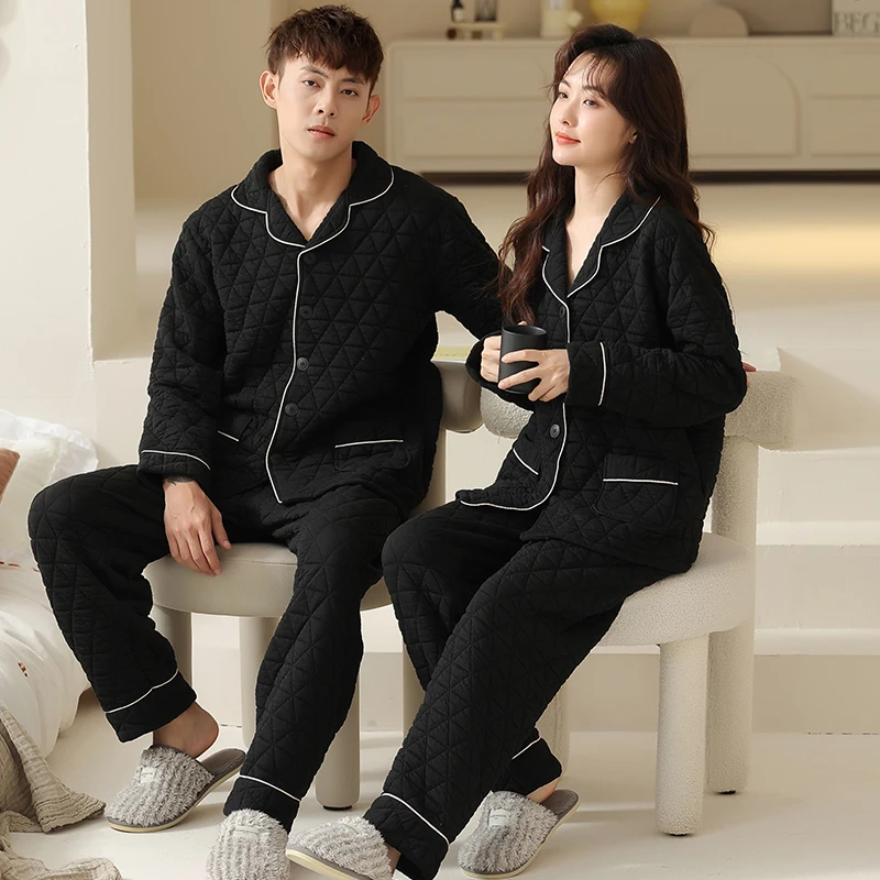 Winter Couple Pijamas Set  Men Women Kimono Homewear 3 Layer Air Clip Cotton Pijamas Suit Pyjamas Home Clothes