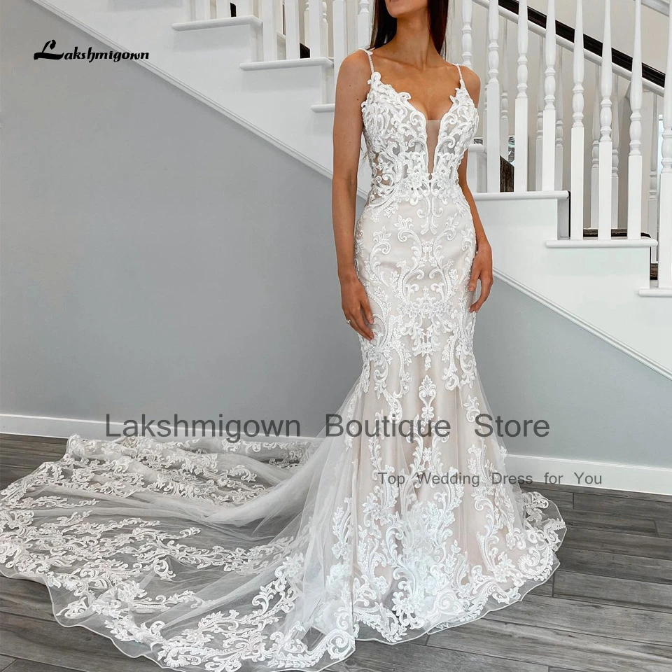 Lakshmigown Civil Lace Boho Wedding Dress Mermaid Style Vestidos De Novias 2023 Plunging Sexy Bridal Gowns Open Back